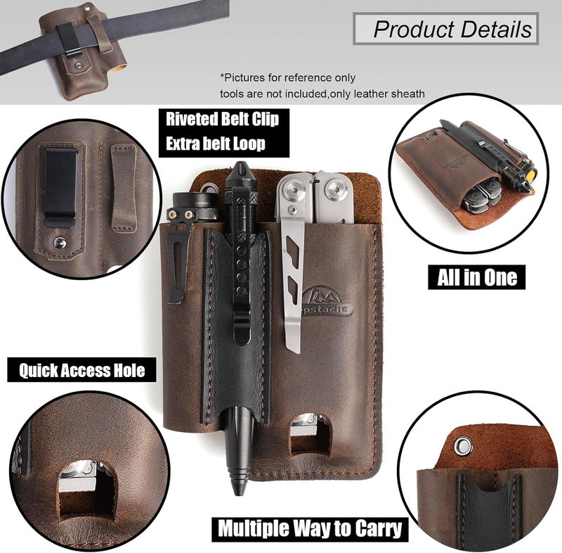 topstache Leather Multitool Sheath with Belt Clip - Multitool Holster for Belt - EDC Belt Organizer Fits, Flashlight, Pen - Leather Pouch - Holder, Dark Brown - Image 3